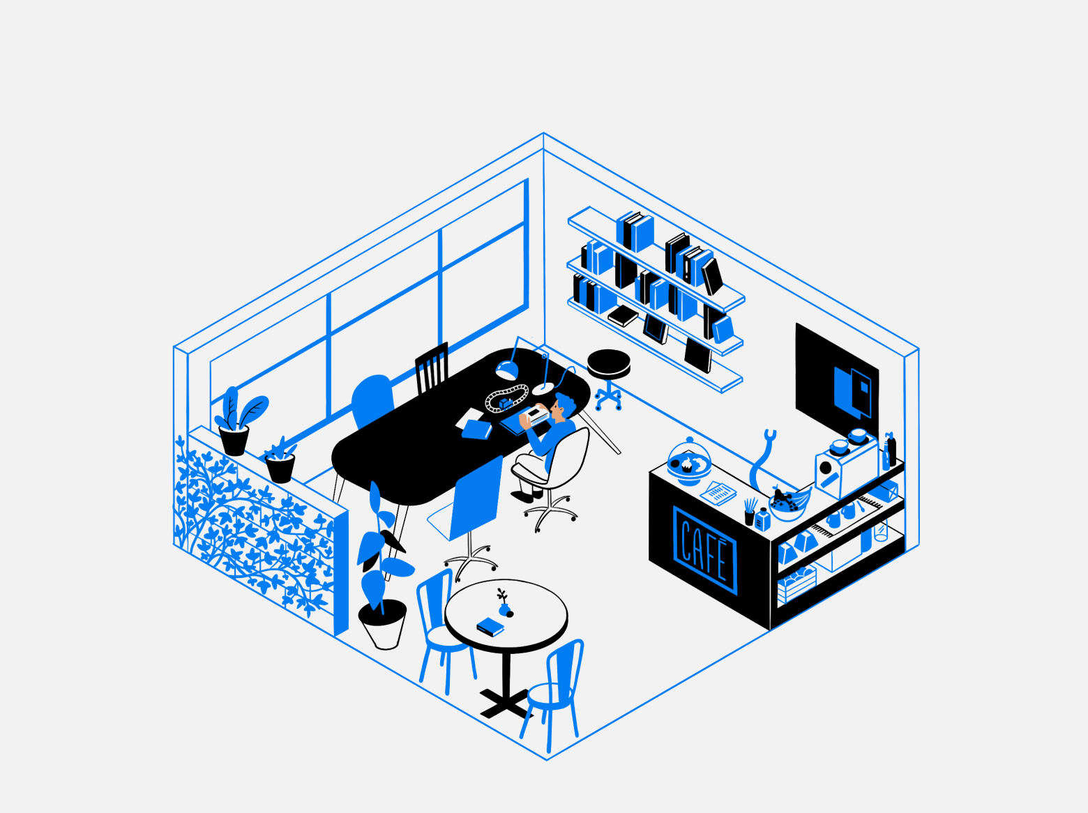 Cafeteria com um homem utilizando o computador